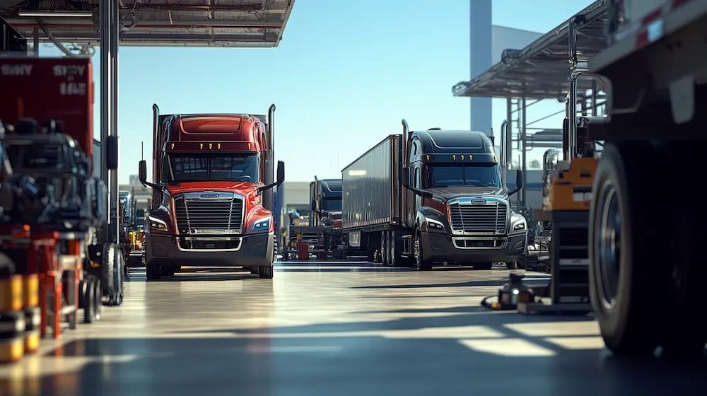 Two large trucks in a well-organized warehouse, showcasing a busy fleet environment. Effective Cost-Saving Maintenance Tips for Fleets